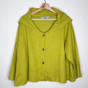 ITEMZ Chris Baumgartner Chartreuse Linen Oversized Collar Button Down Jacket EUC